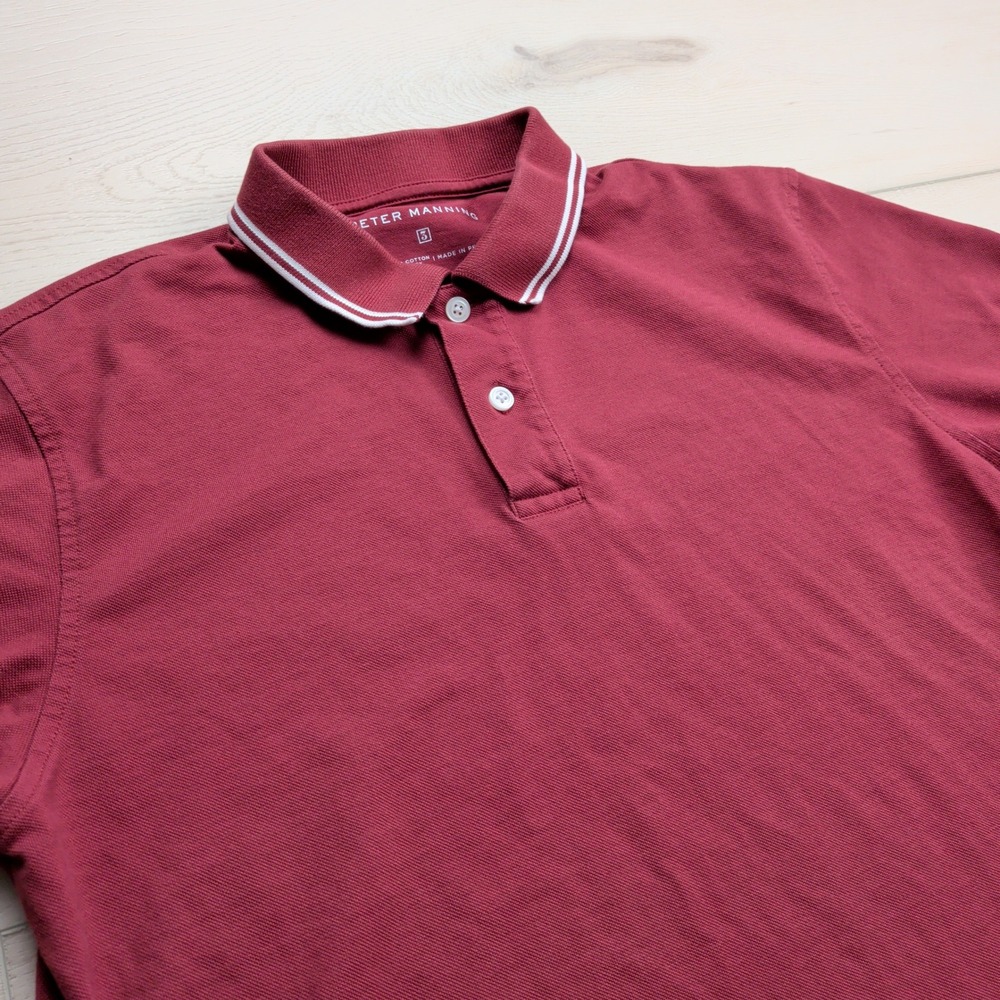 Peter Manning James Polo Shirt Mens 3 M Burgundy Pima Cotton Tipped Short Sleeve